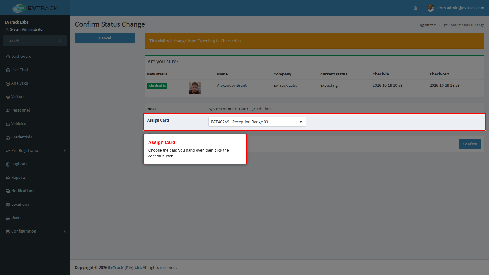 Assign Card on the check-in confirmation page