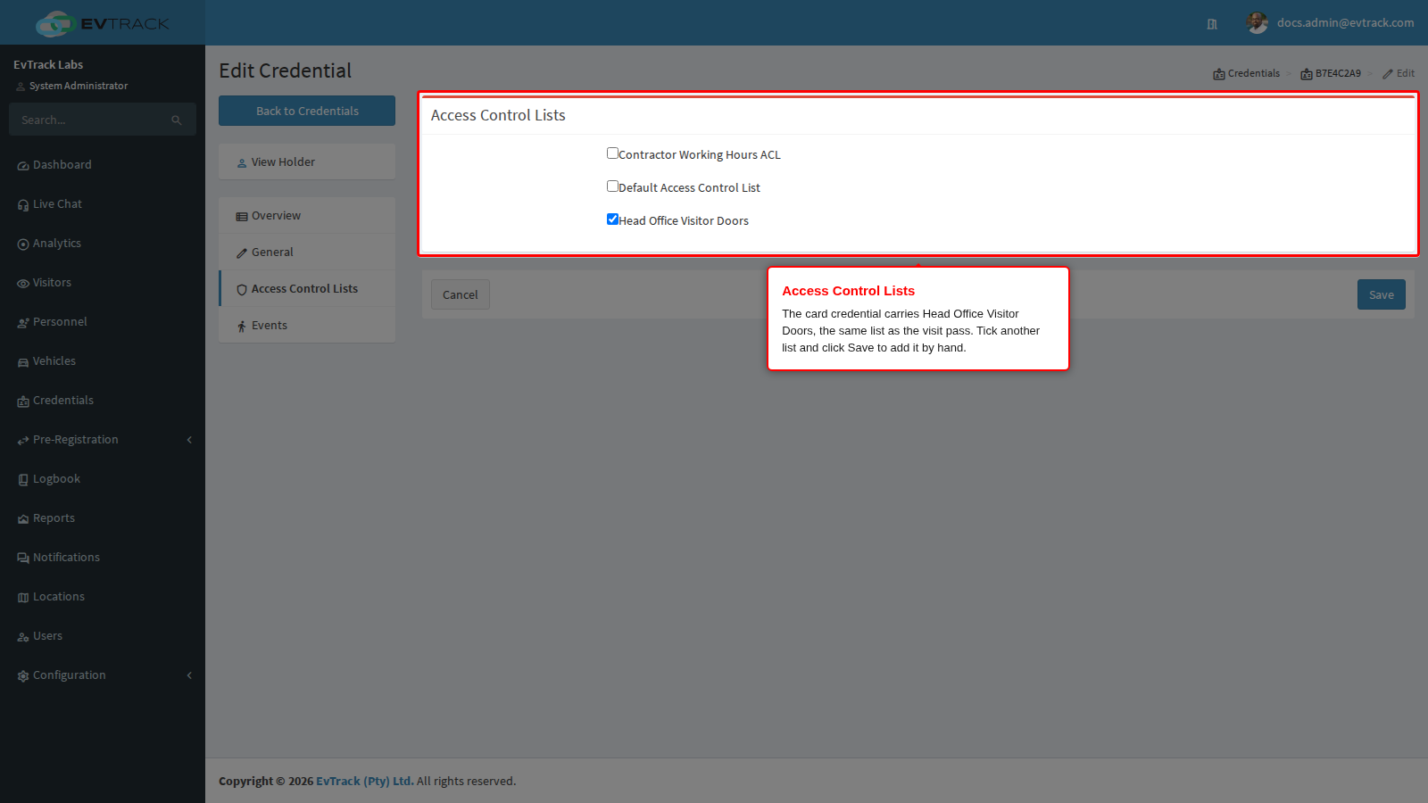 The Access Control Lists tab of the card credential