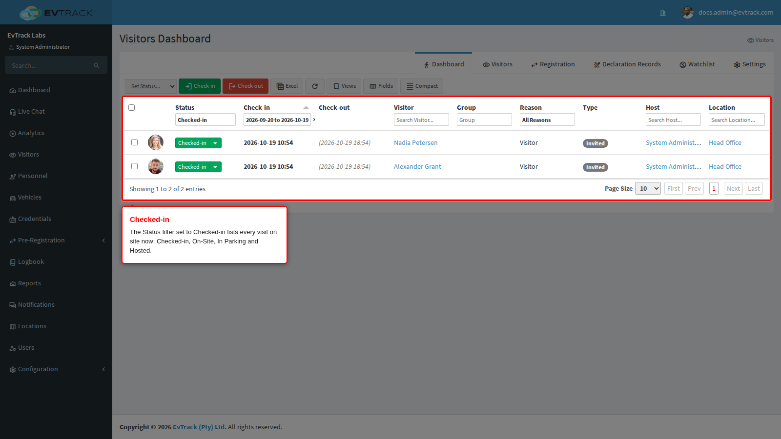 The Checked-in filter on the Visitors Dashboard