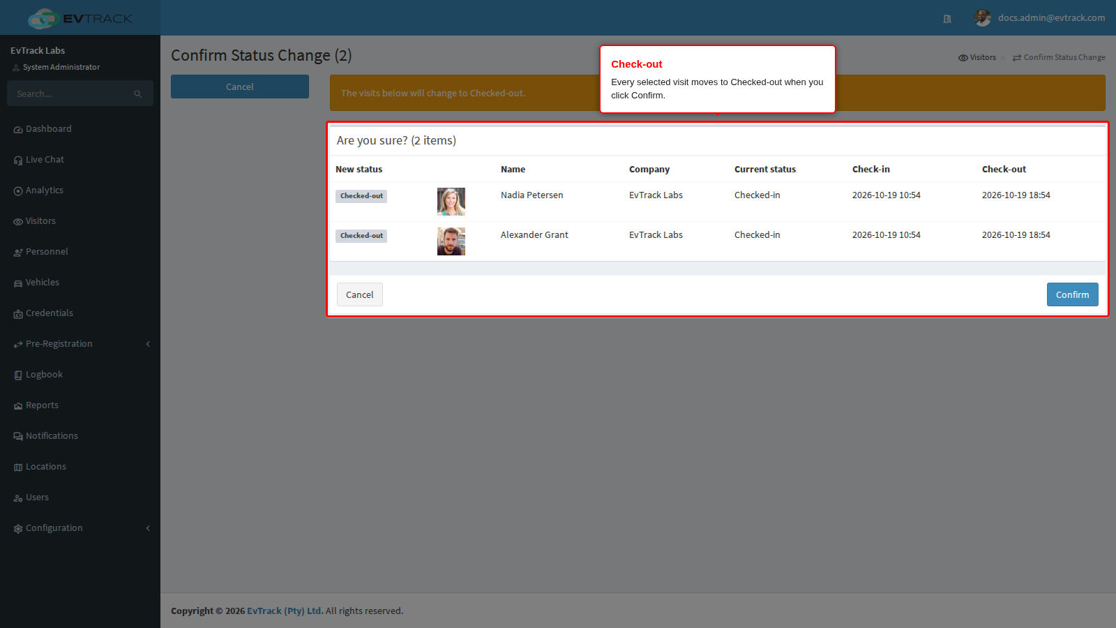 The bulk check-out confirmation