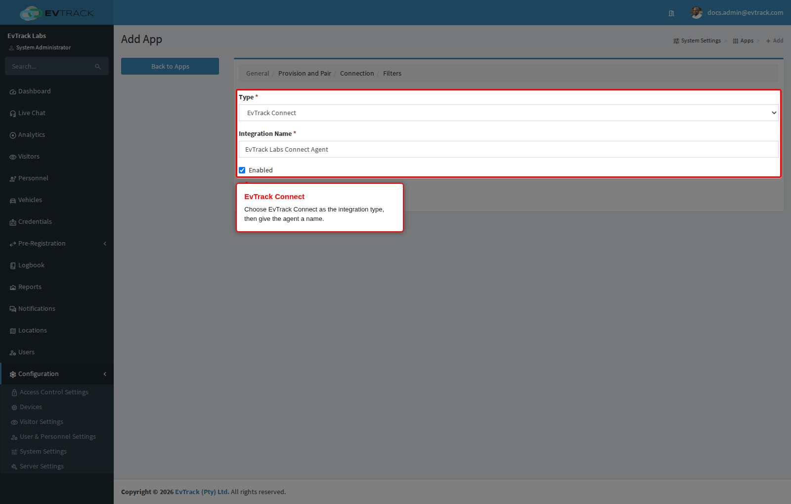 Choose EvTrack Connect as the integration type