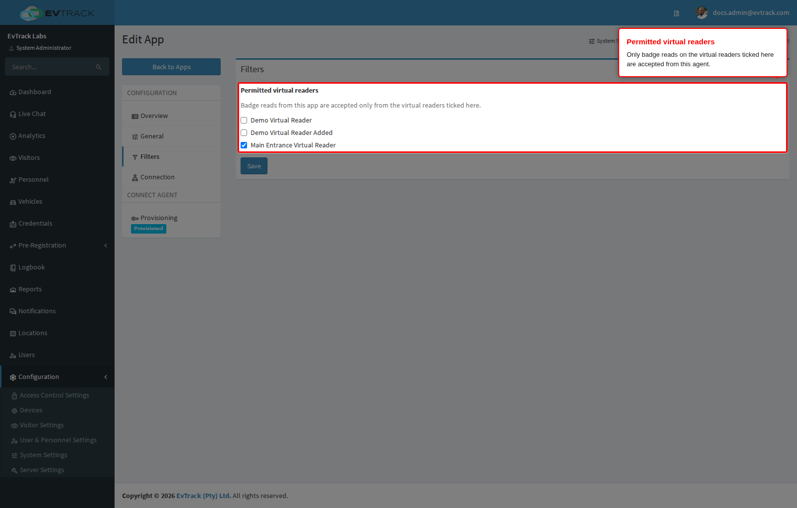 Permitted virtual readers on the Filters tab
