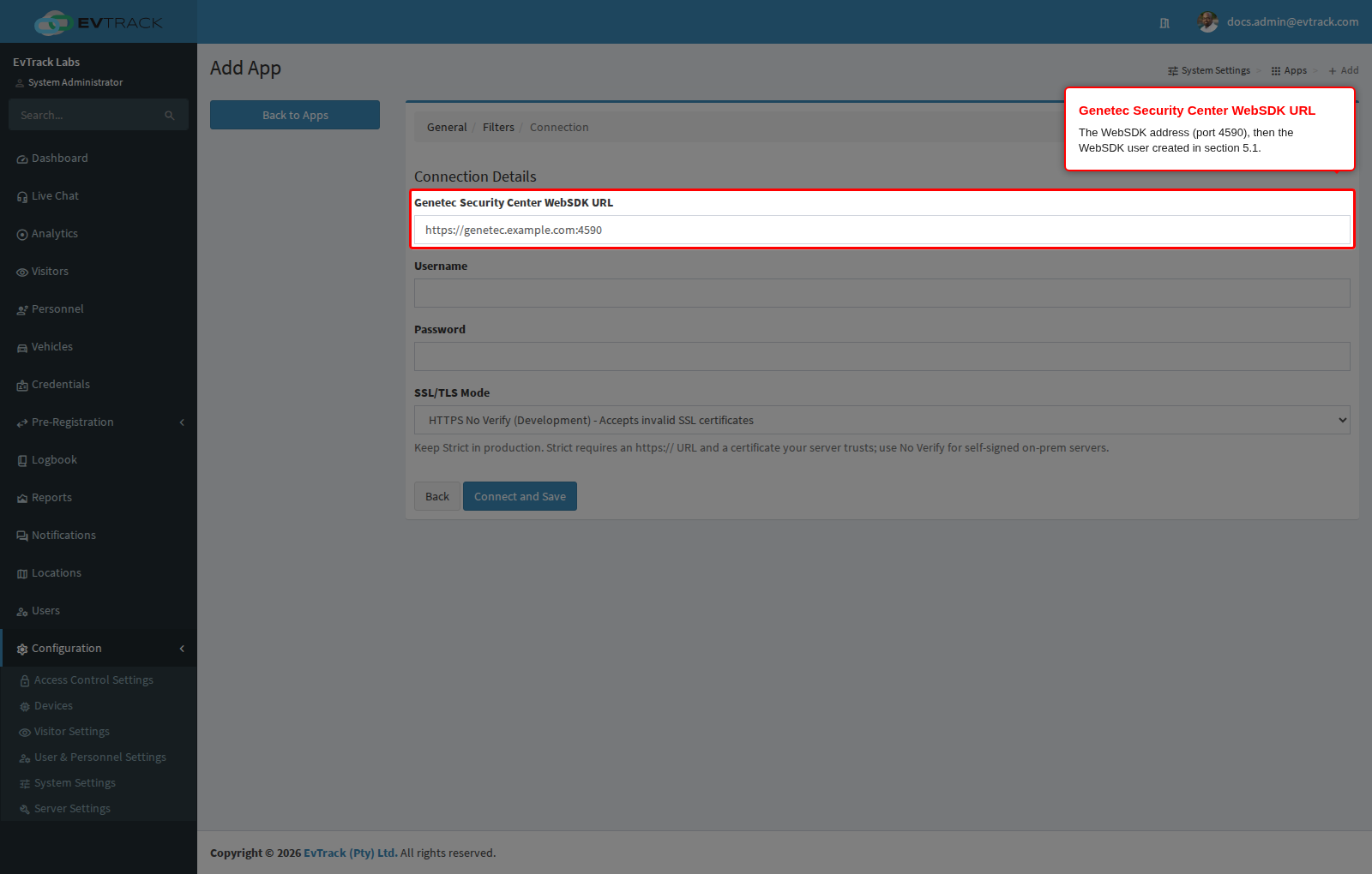 Genetec Security Center connection settings