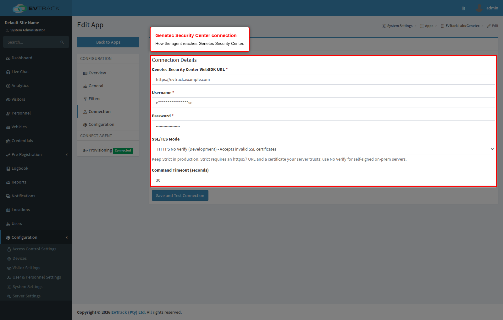 The Genetec connection settings on the agent app