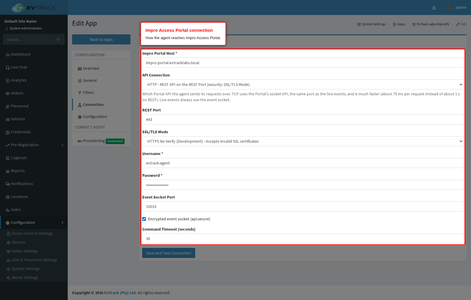 The Impro Access Portal connection settings