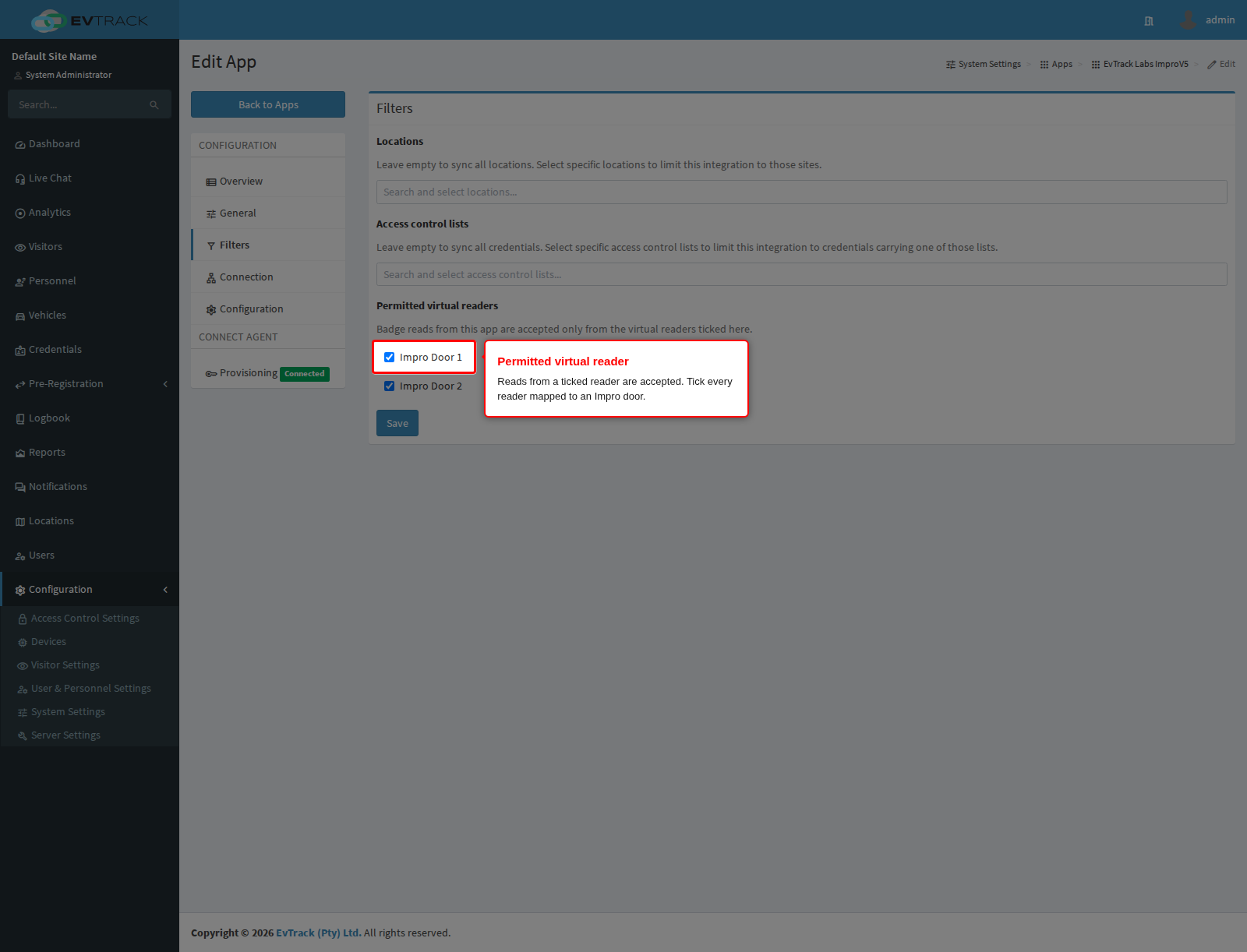 A permitted virtual reader on the Filters tab