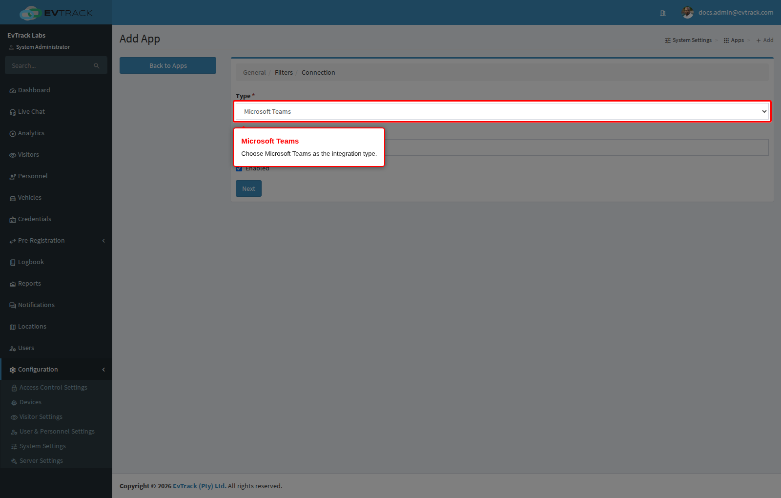 Choose the Microsoft Teams integration