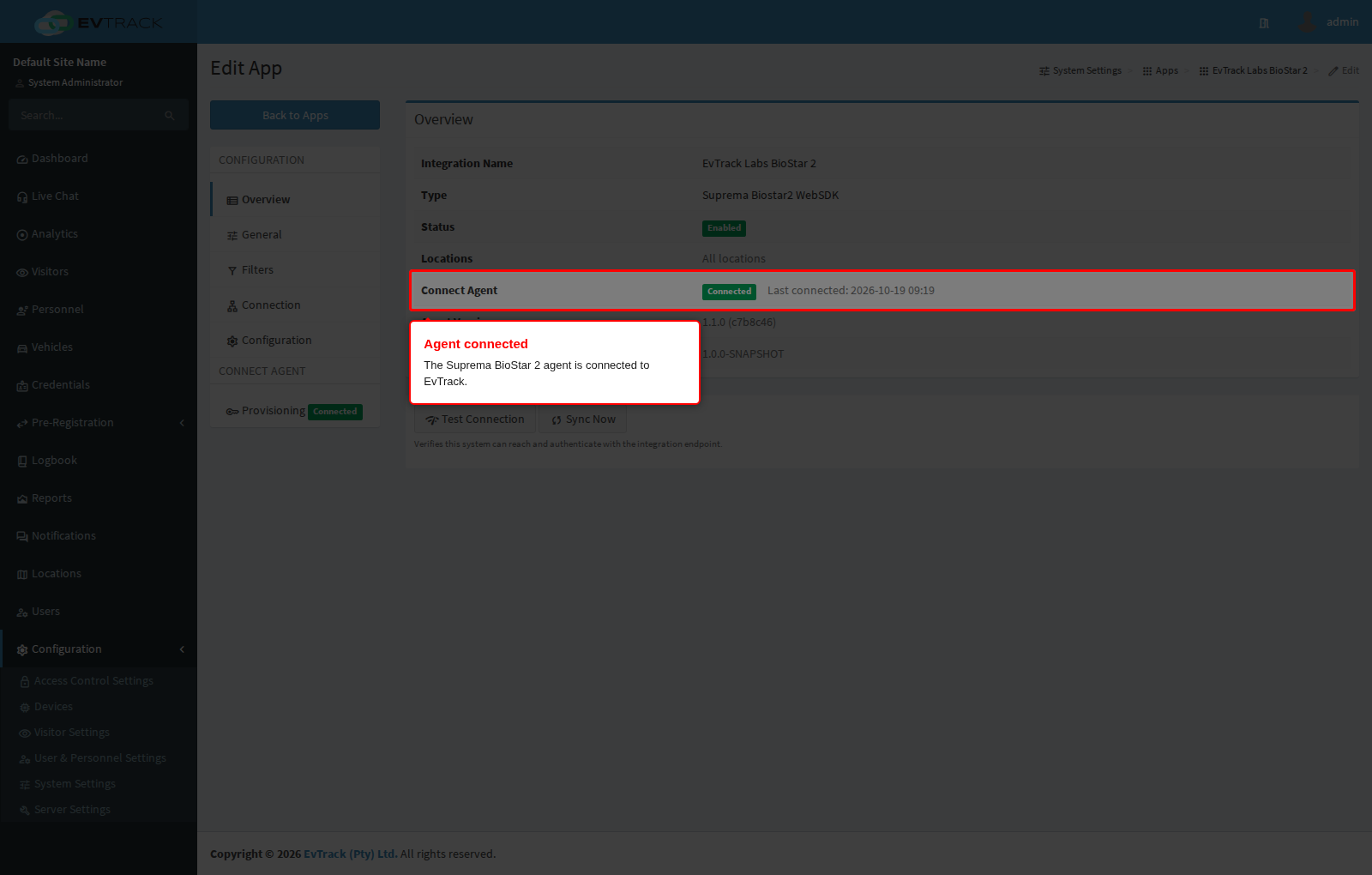 The BioStar 2 agent is connected