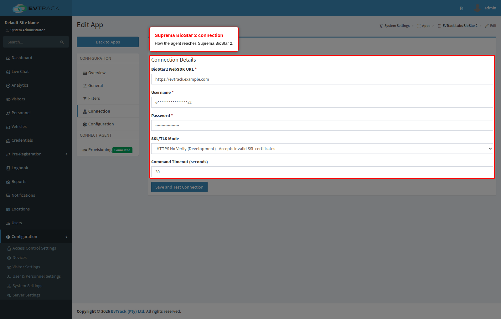 The BioStar 2 connection settings on the agent app
