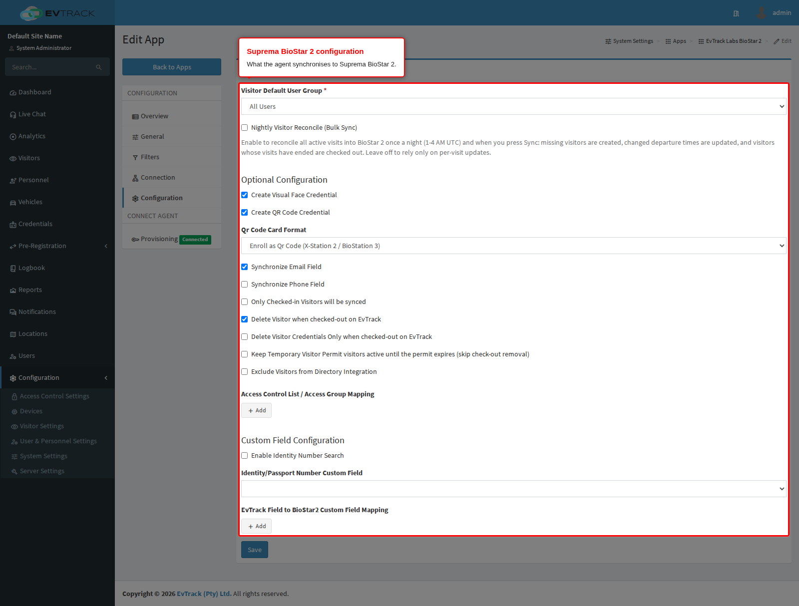 The BioStar 2 configuration on the agent app