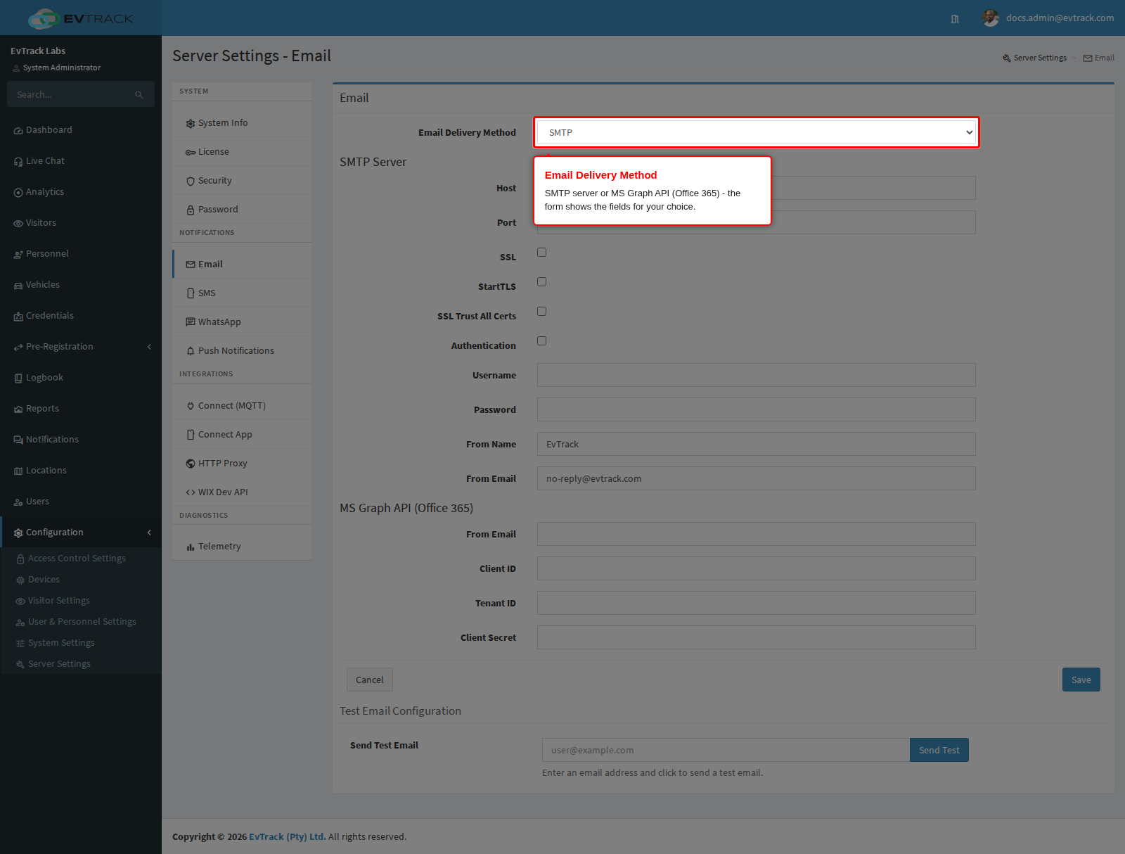 The Email Delivery Method selector