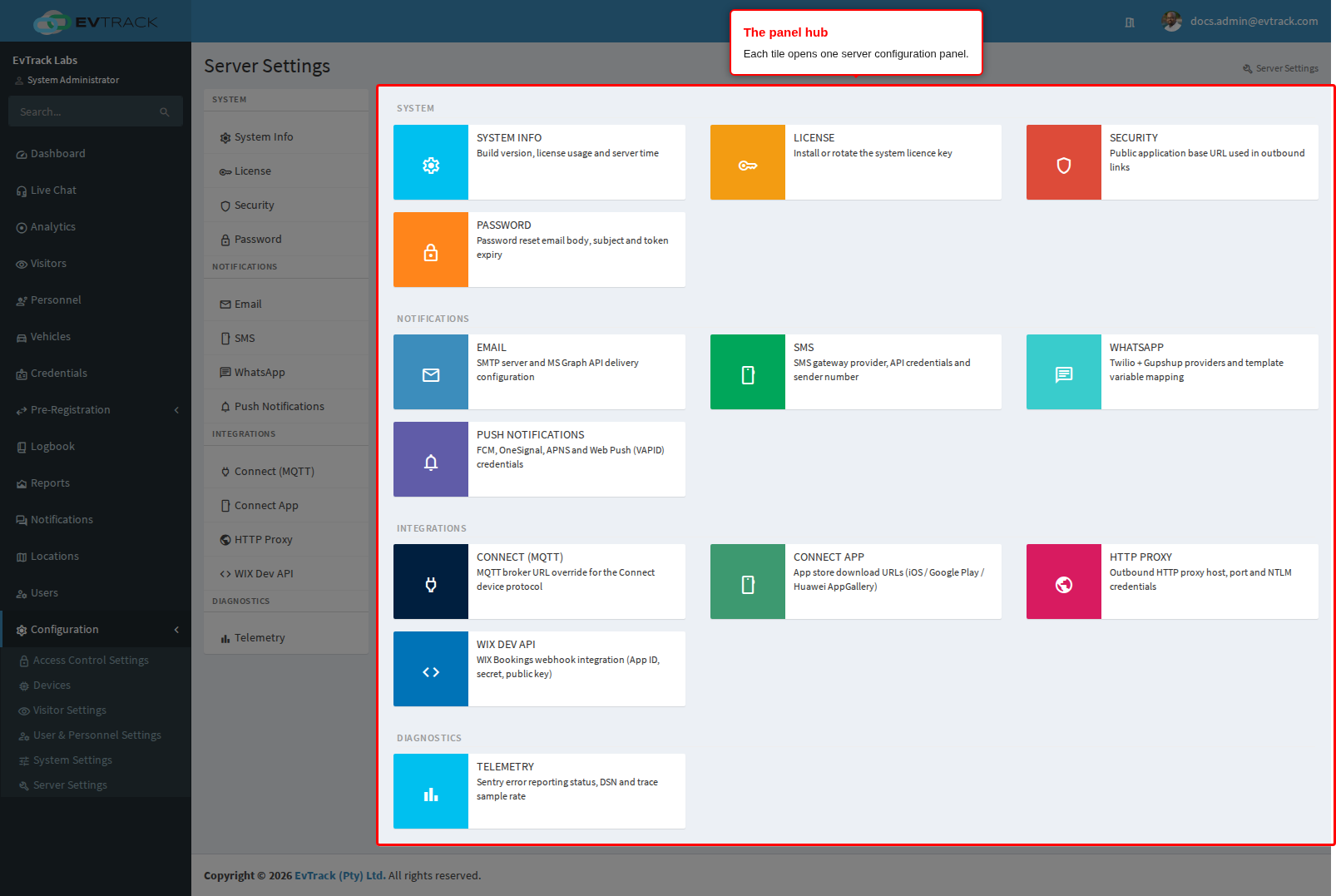 The Server Settings panel hub