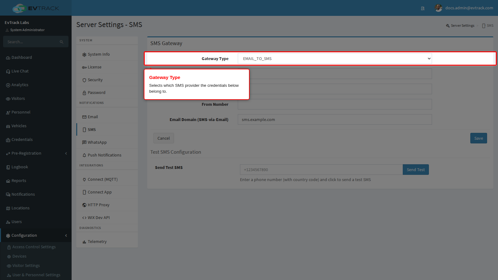 The SMS Gateway Type selector