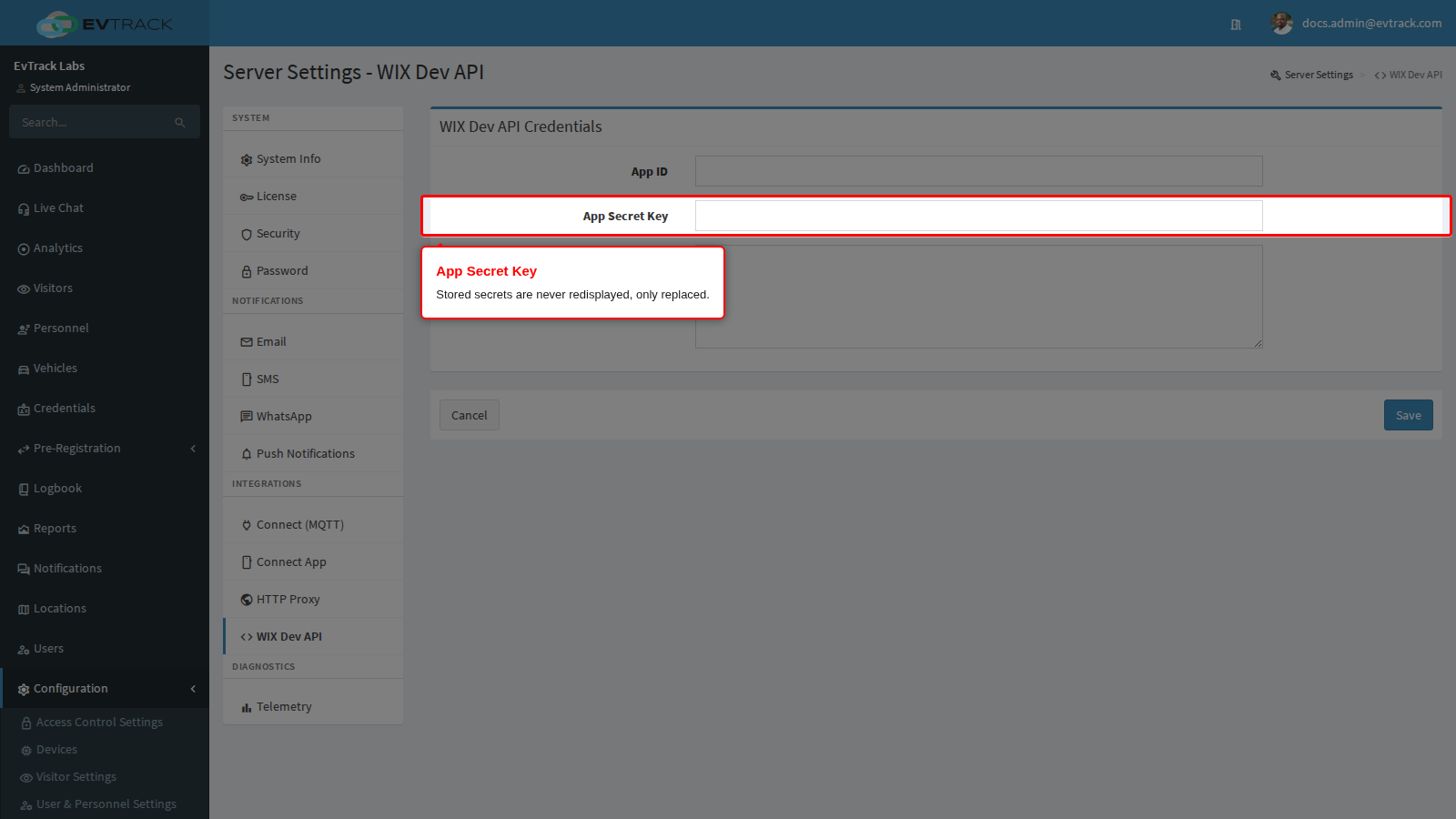 The Wix App Secret Key field