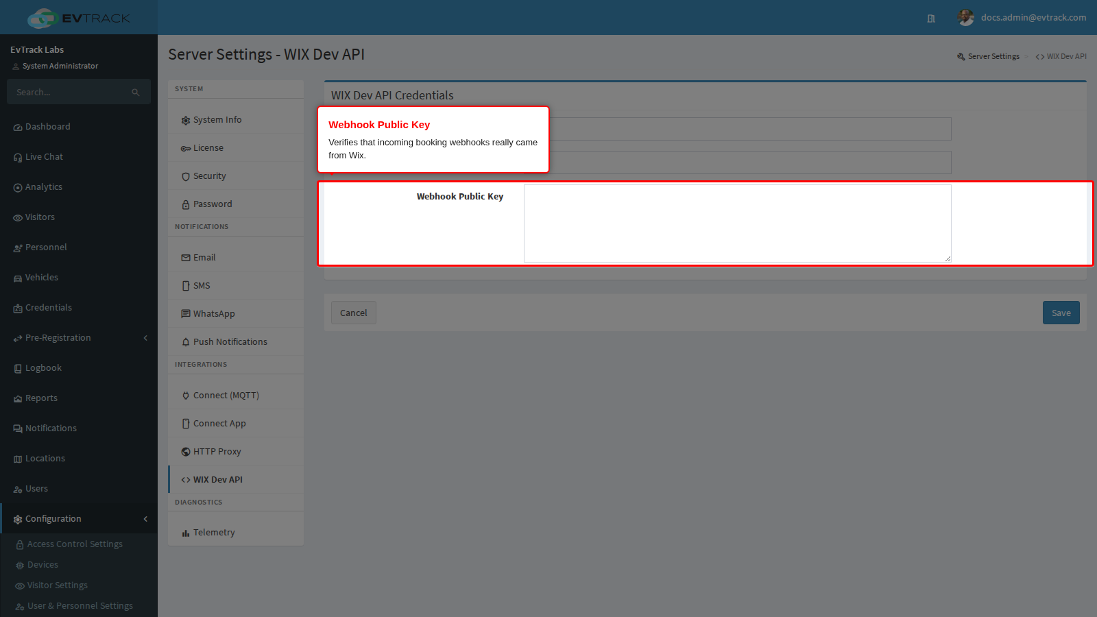 The Wix Webhook Public Key field