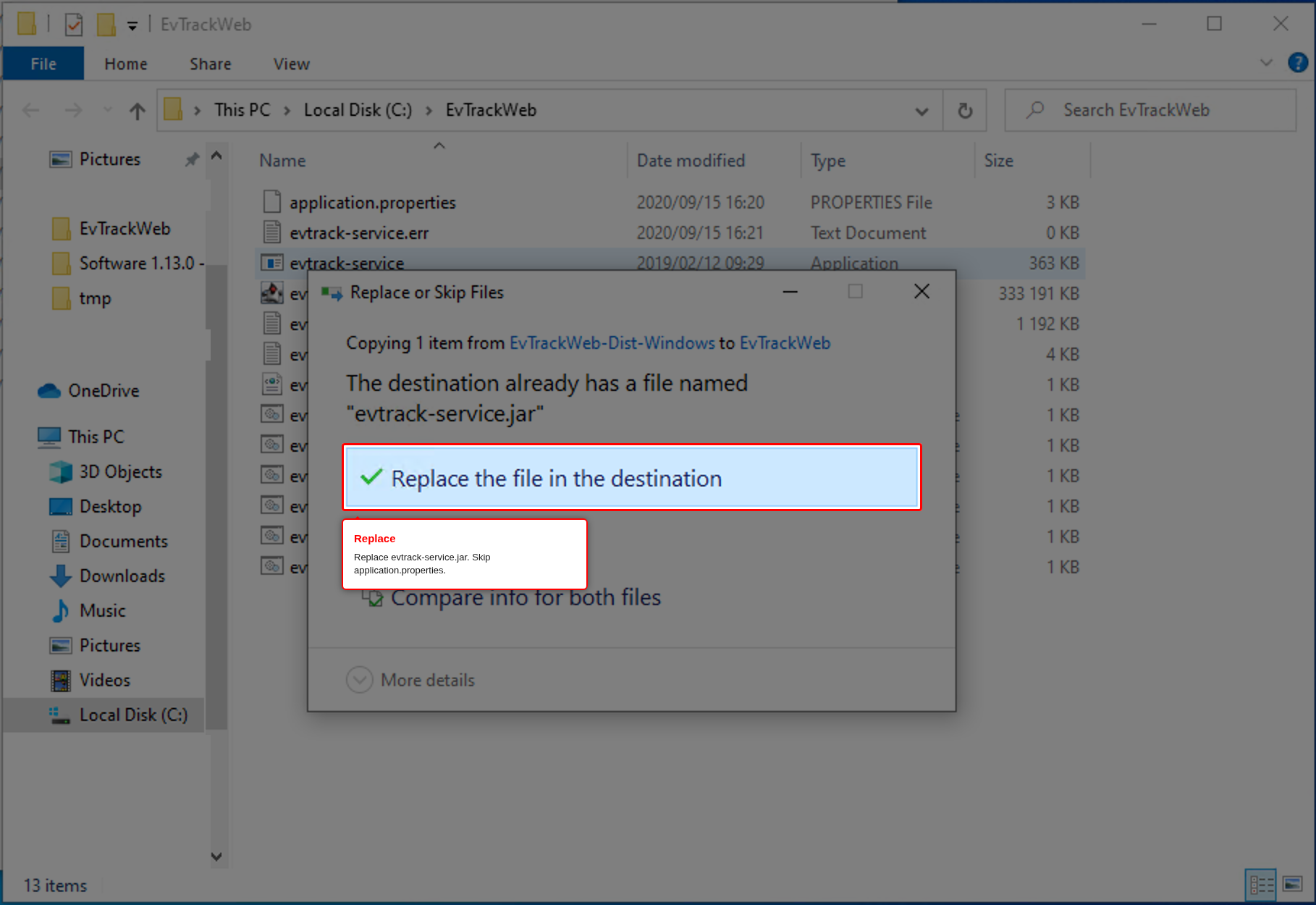 Replace the files