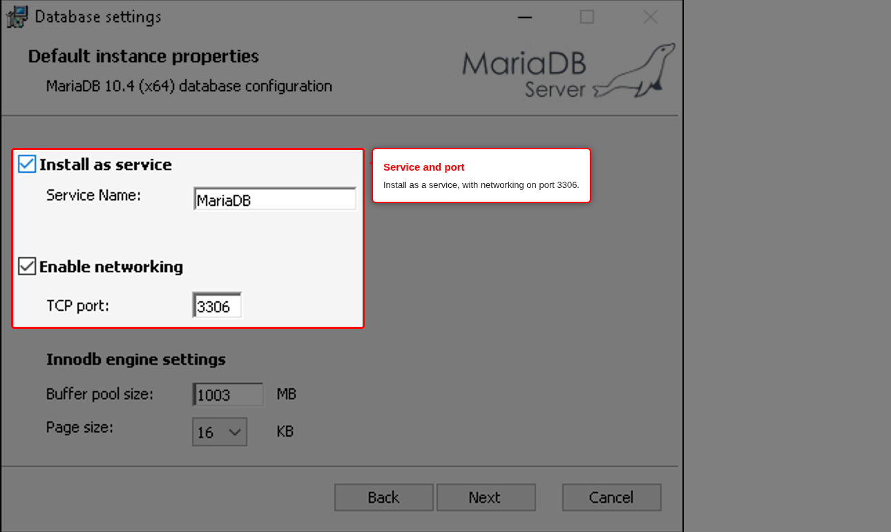 MariaDB service and port