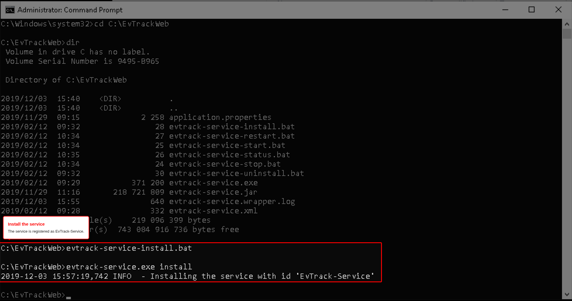 The service install output