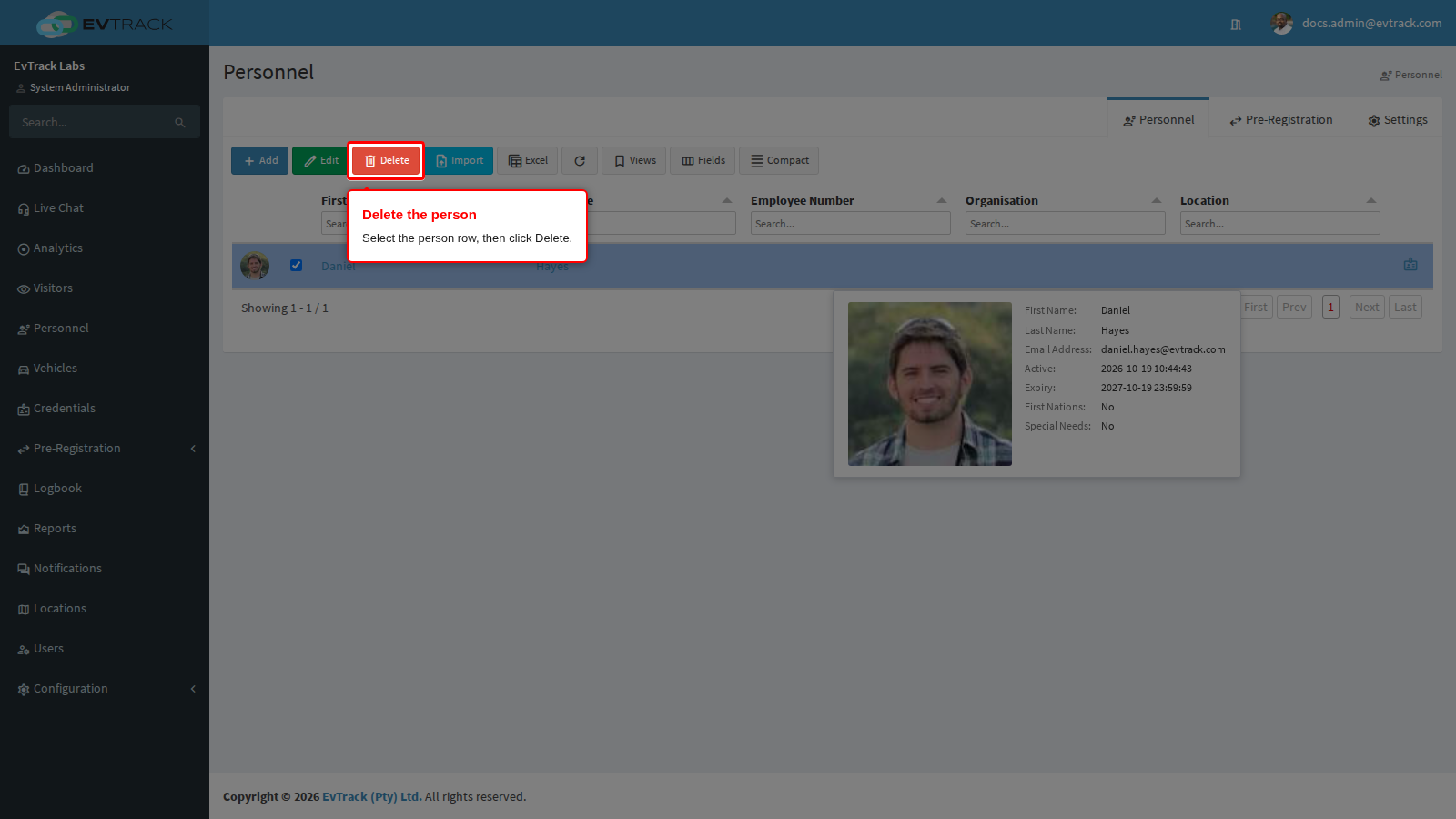 Delete button in the Personnel toolbar