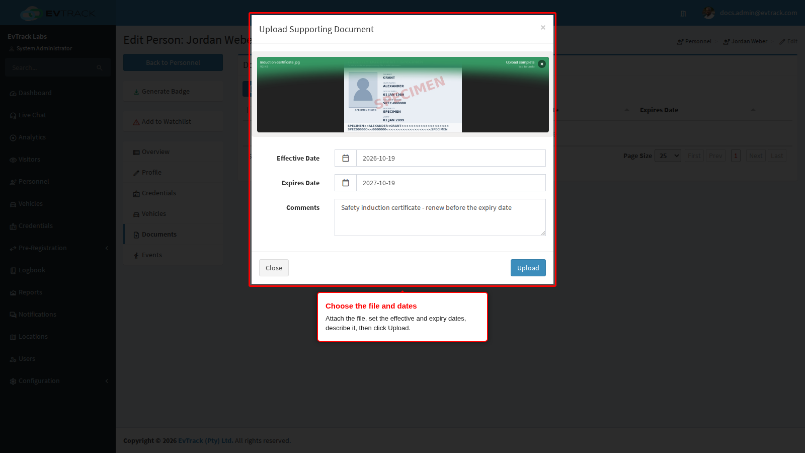 The upload dialog