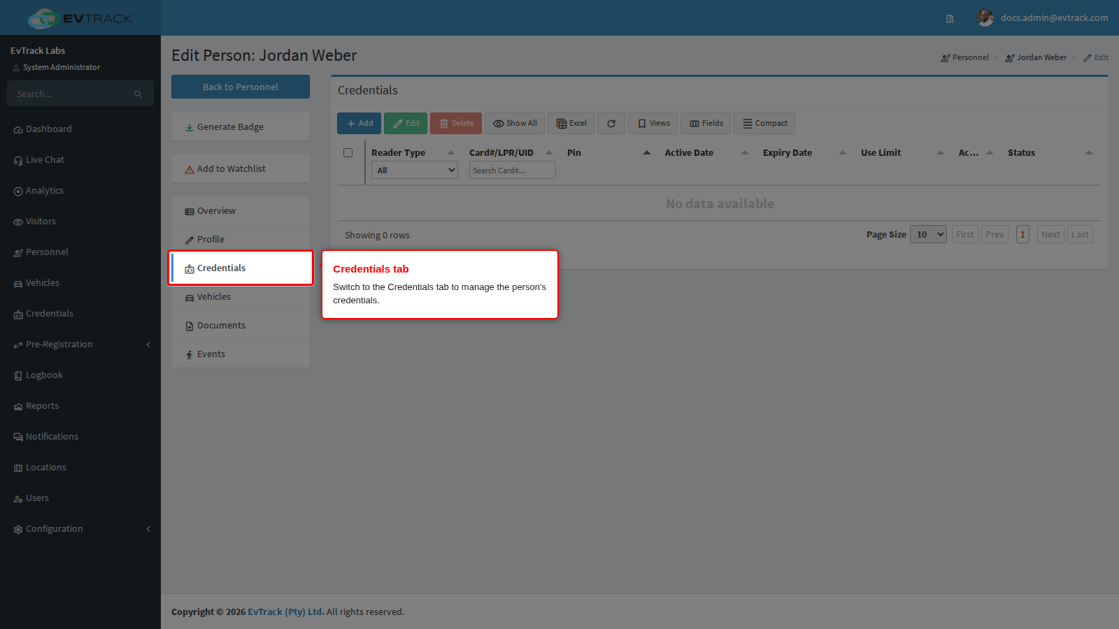 The Credentials tab