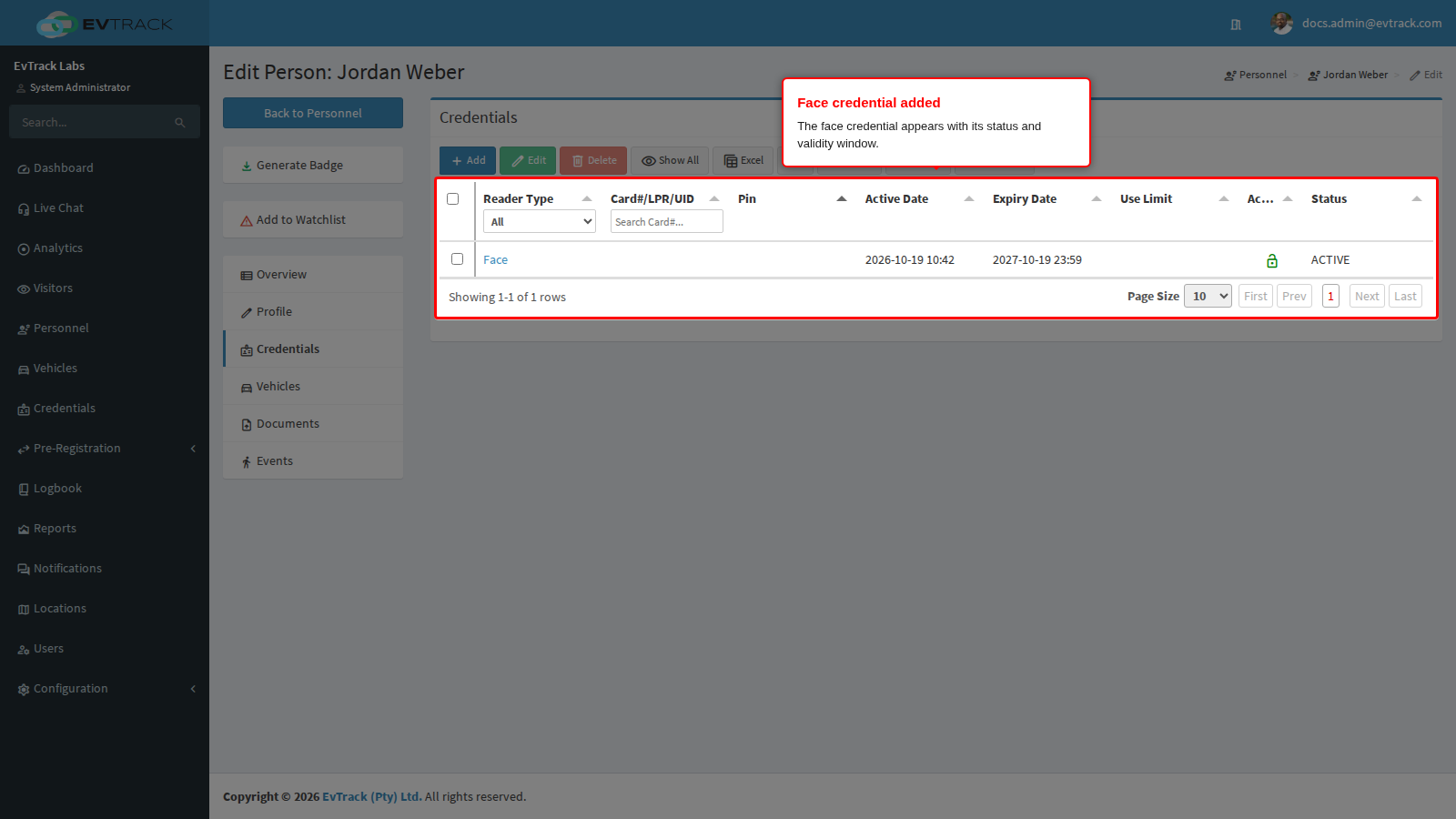 Credentials tab with the face credential