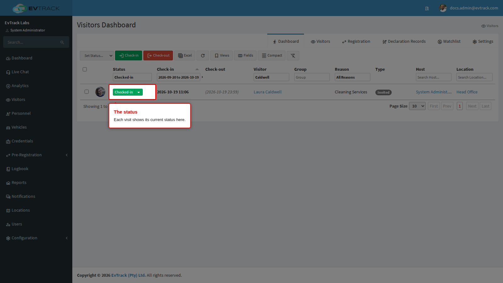 A visit's status on the Visitors Dashboard