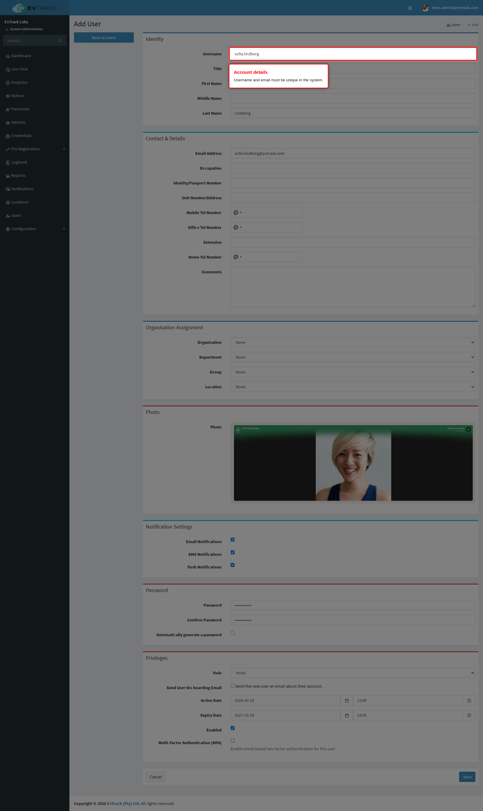 The new-user form completed
