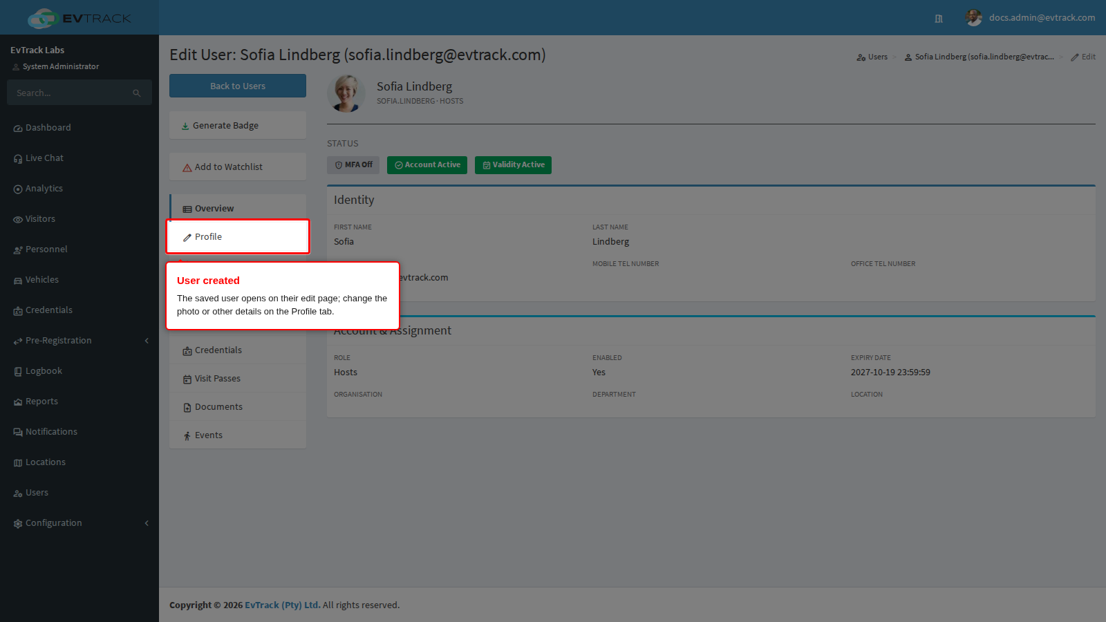 The created user's edit page