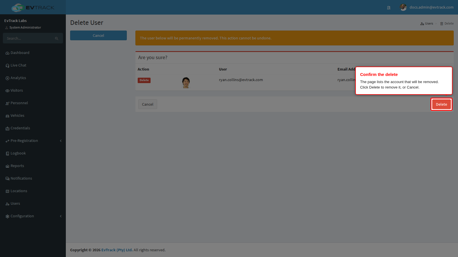The delete confirmation page