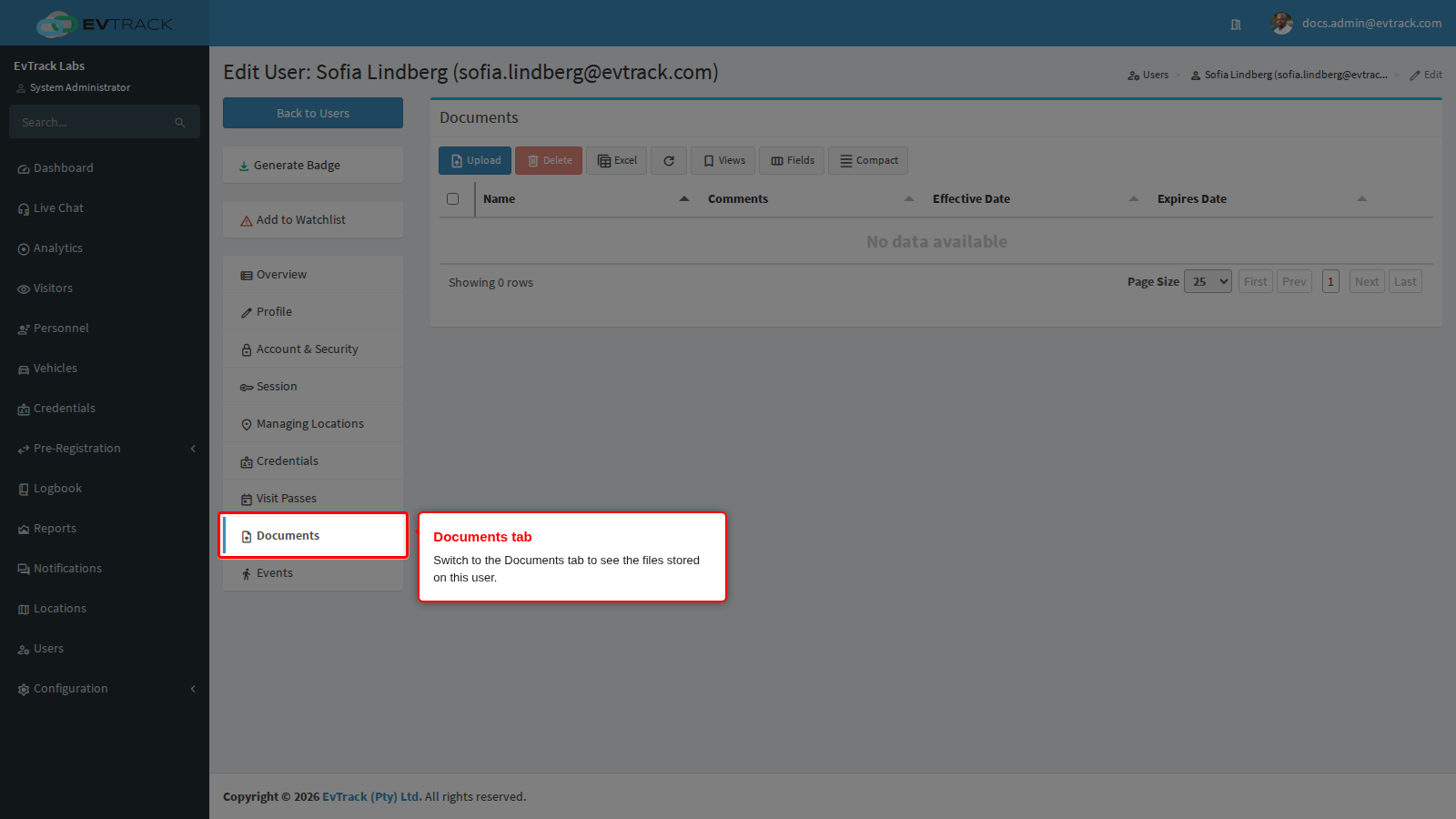 The Documents tab on a user