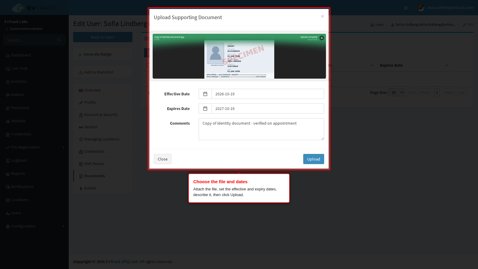 The upload dialog