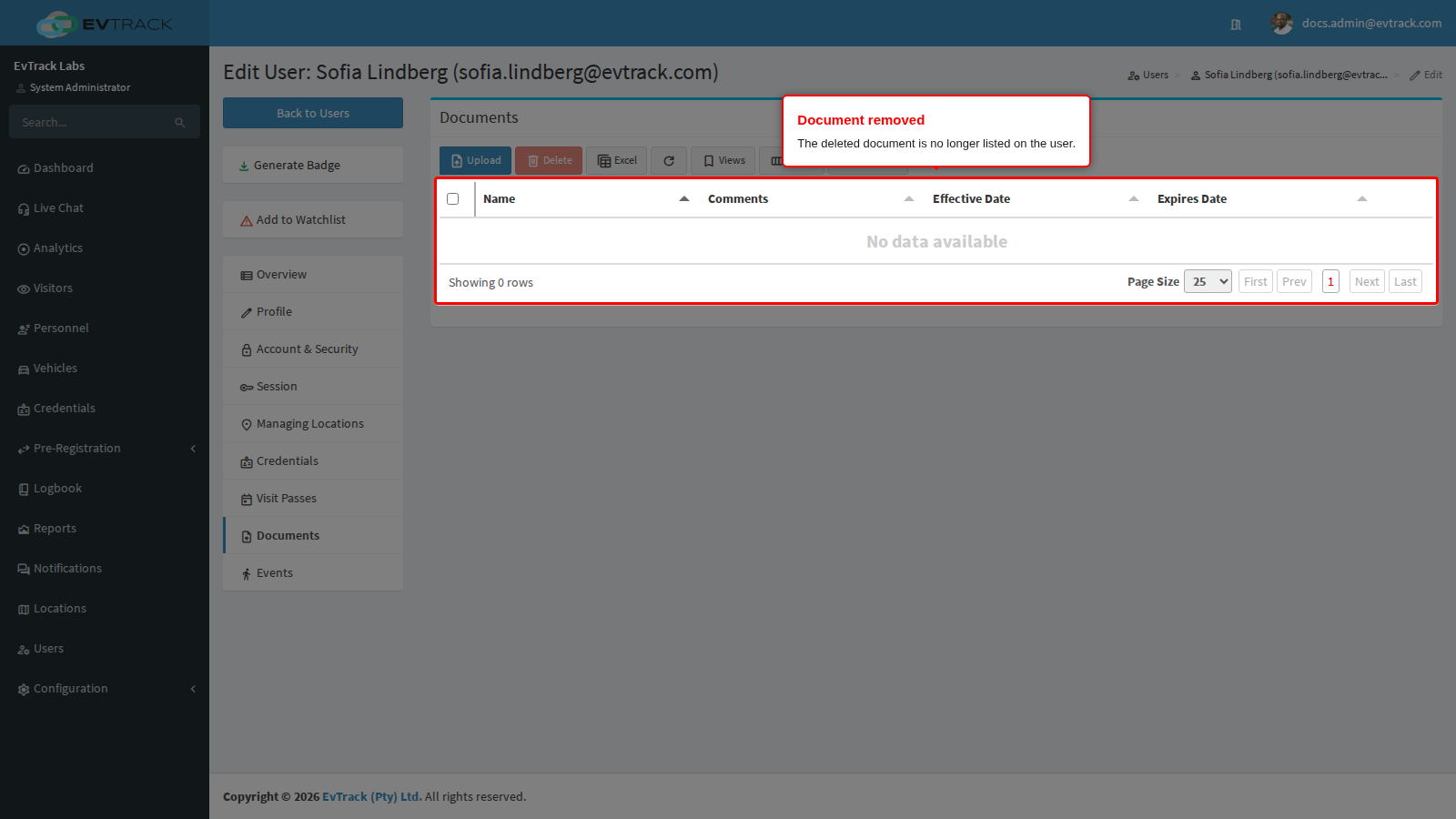 The Documents tab after the deletion
