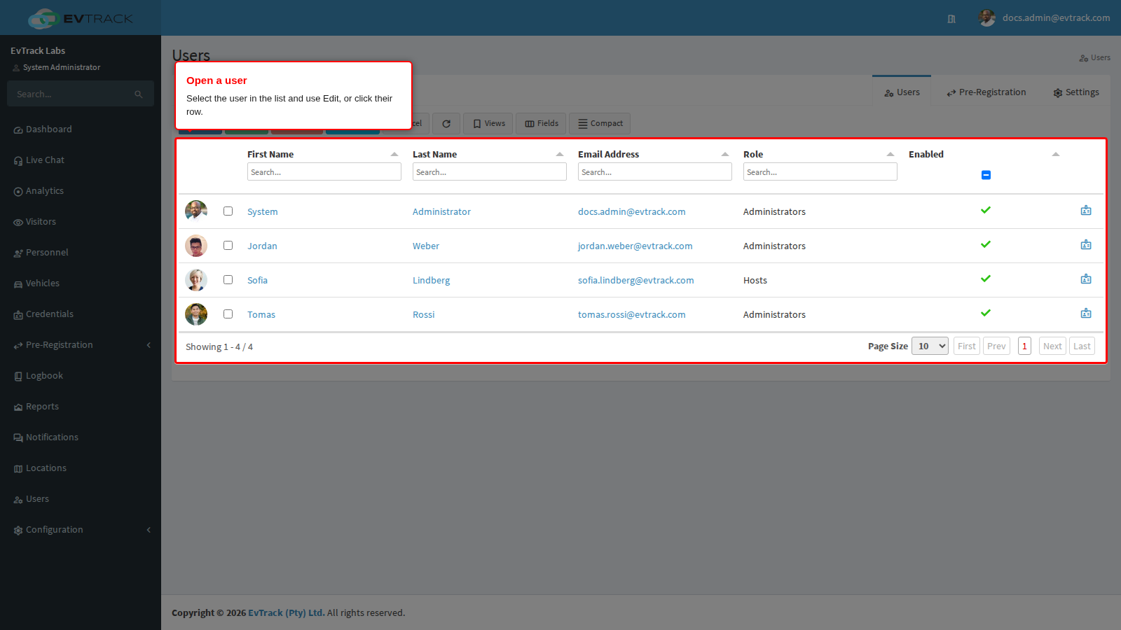 The user list
