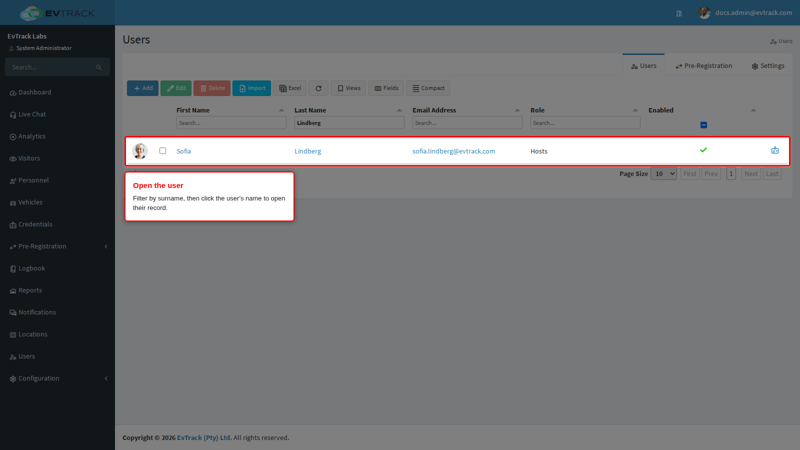 Filtering the list and opening the user