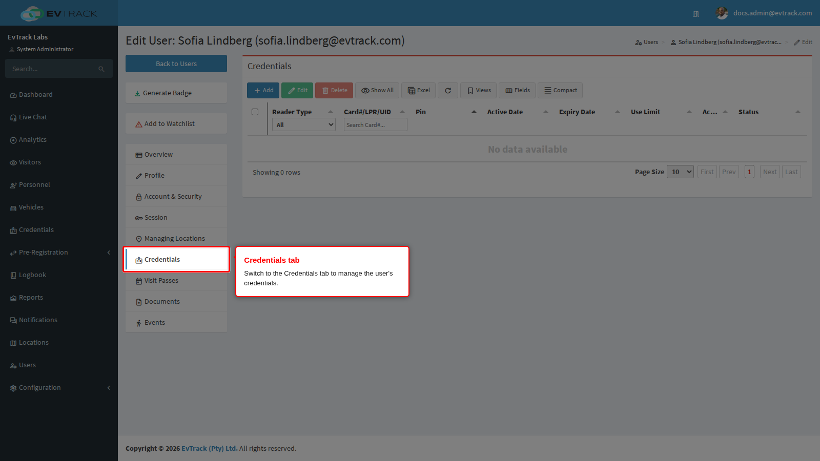 The Credentials tab
