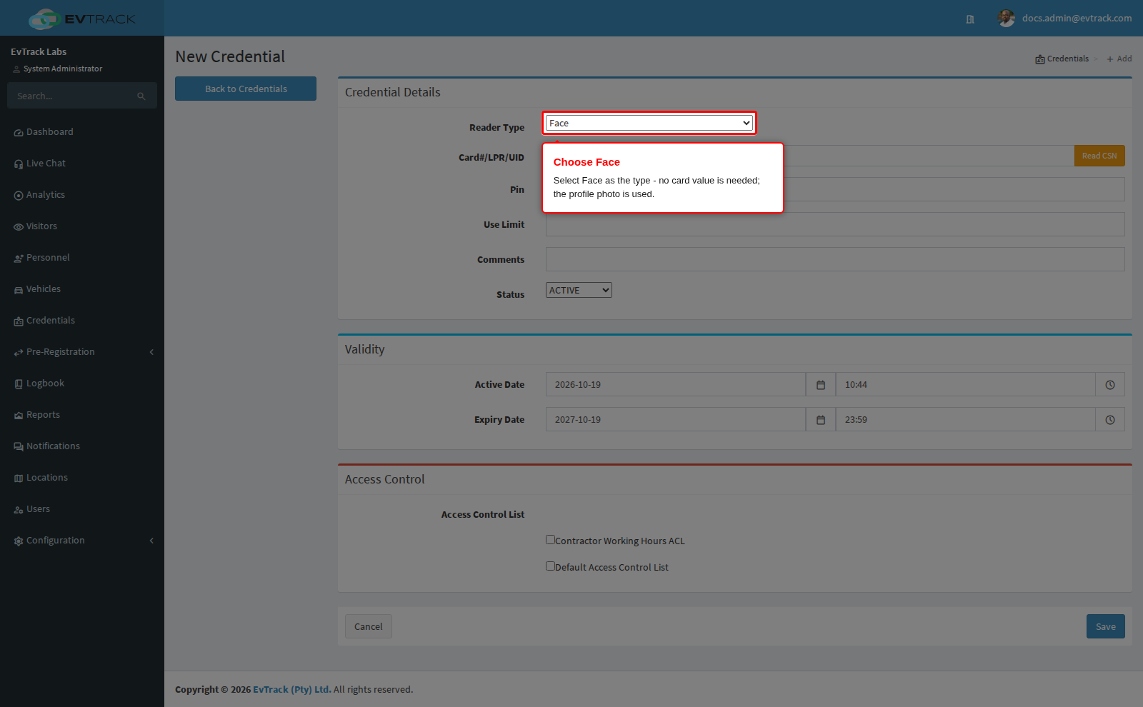 Face credential add form
