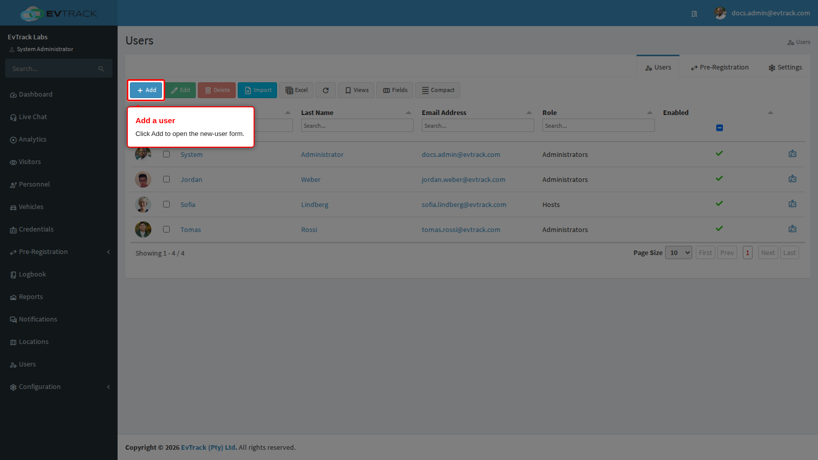 Add button in the Users toolbar