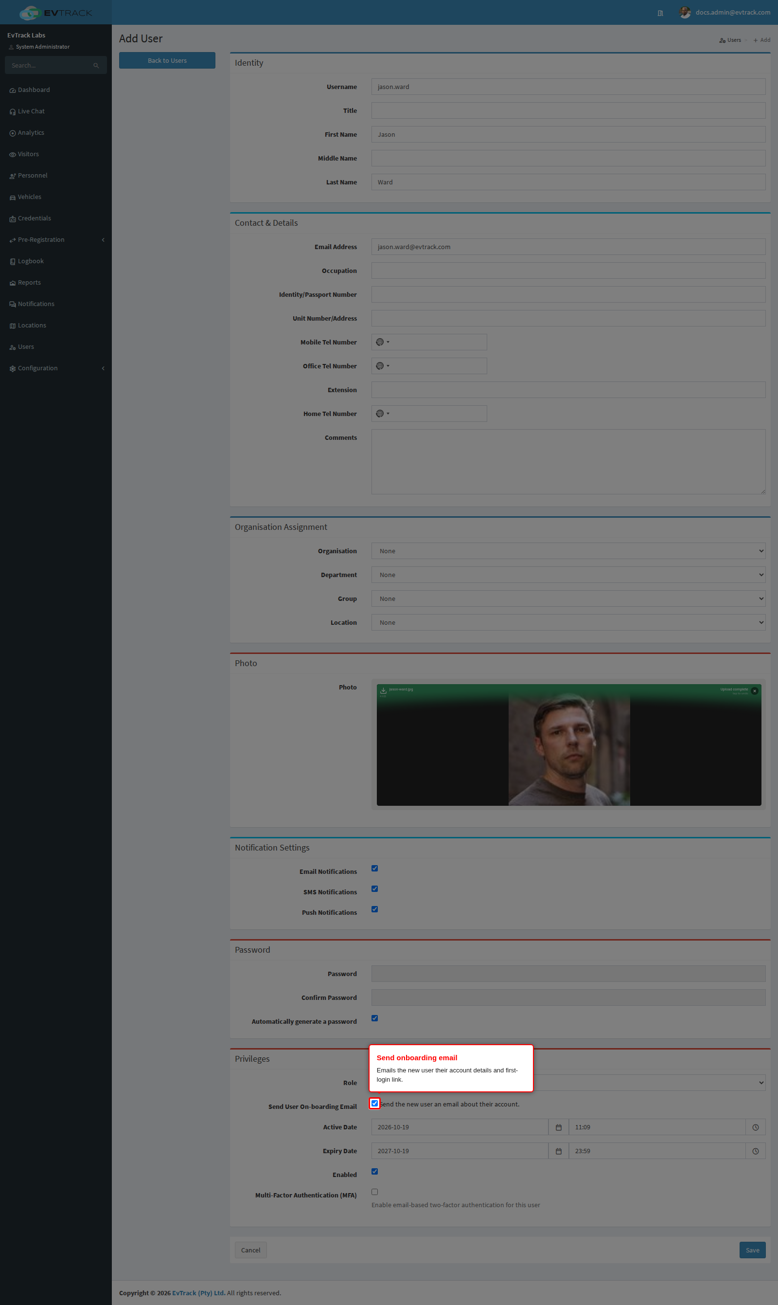 User add form with the onboarding toggle