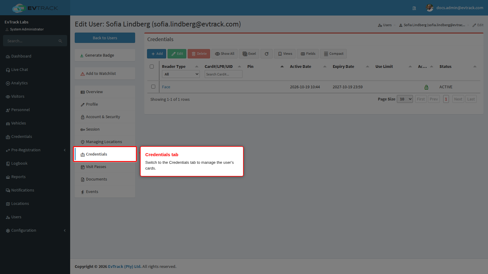 The Credentials tab