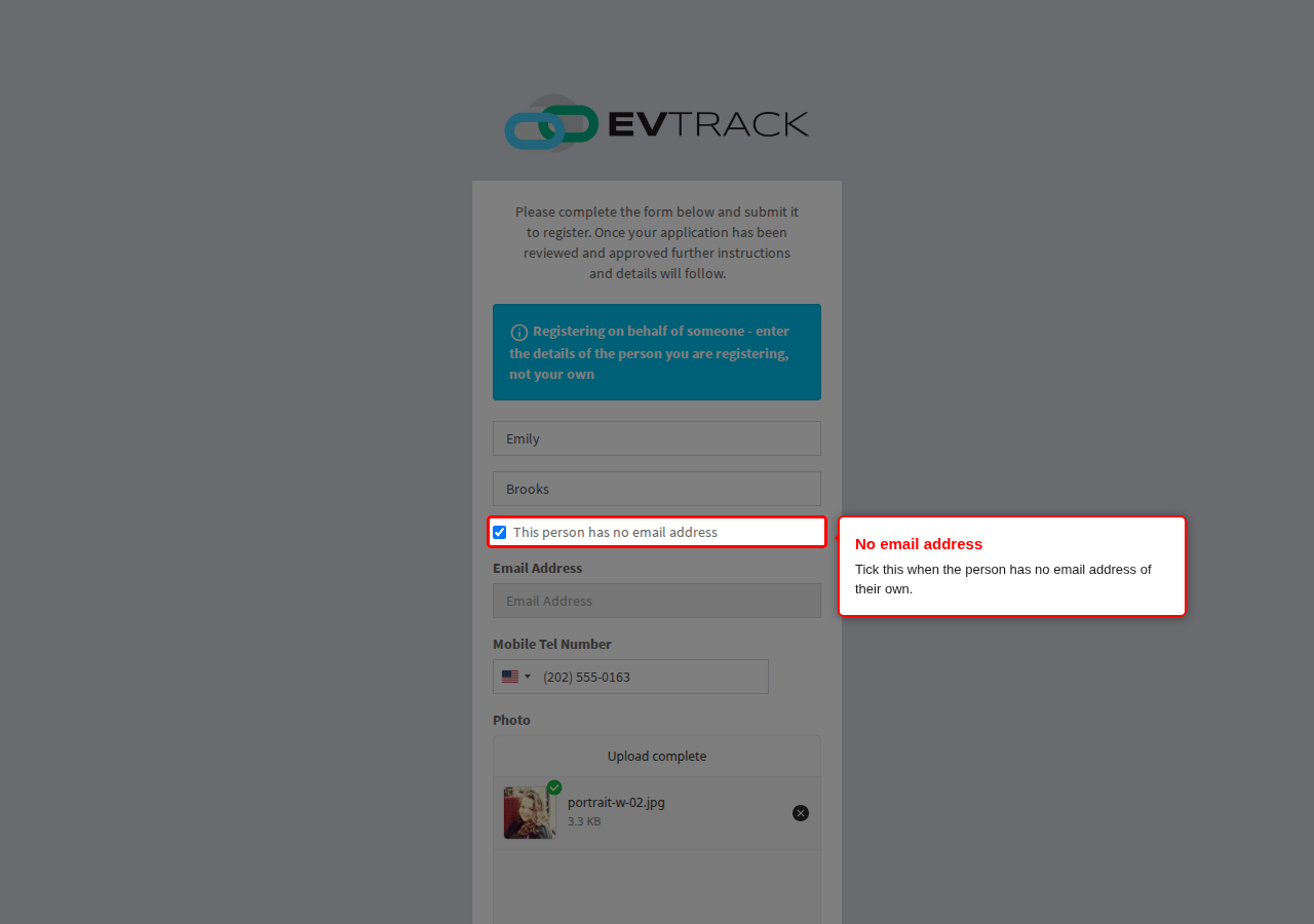 The no email address option, used for Emily Brooks