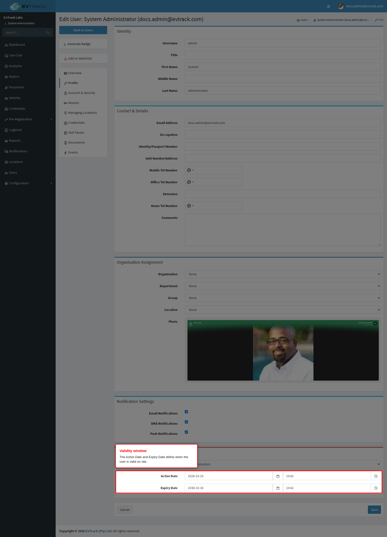 User validity dates