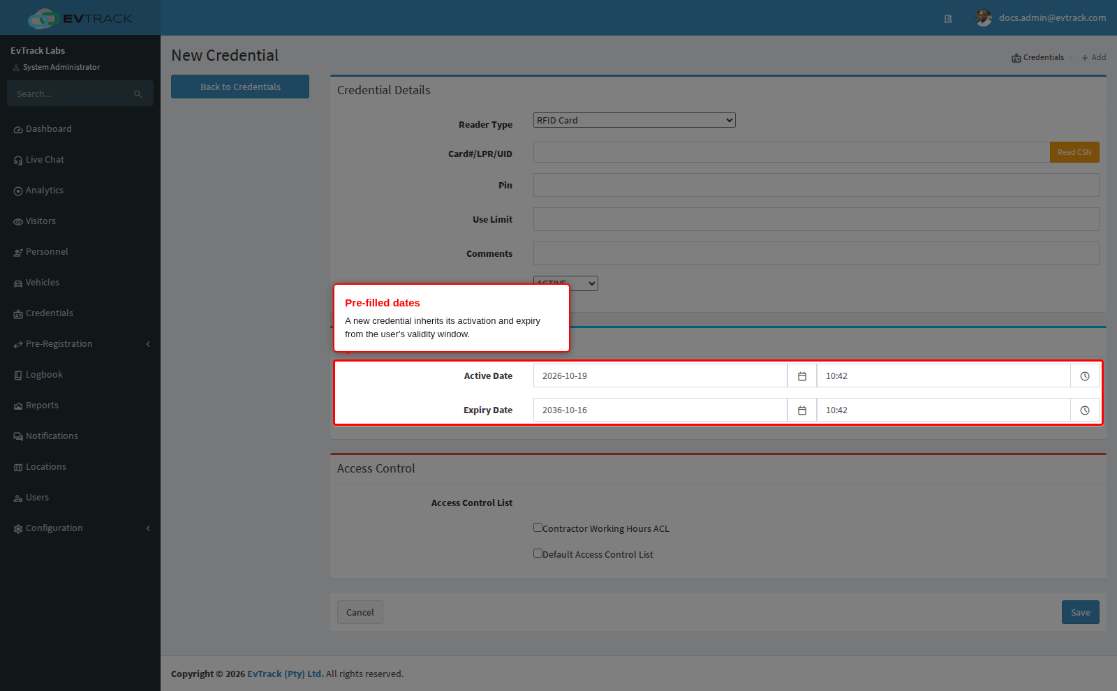 New credential pre-filled from the user's validity