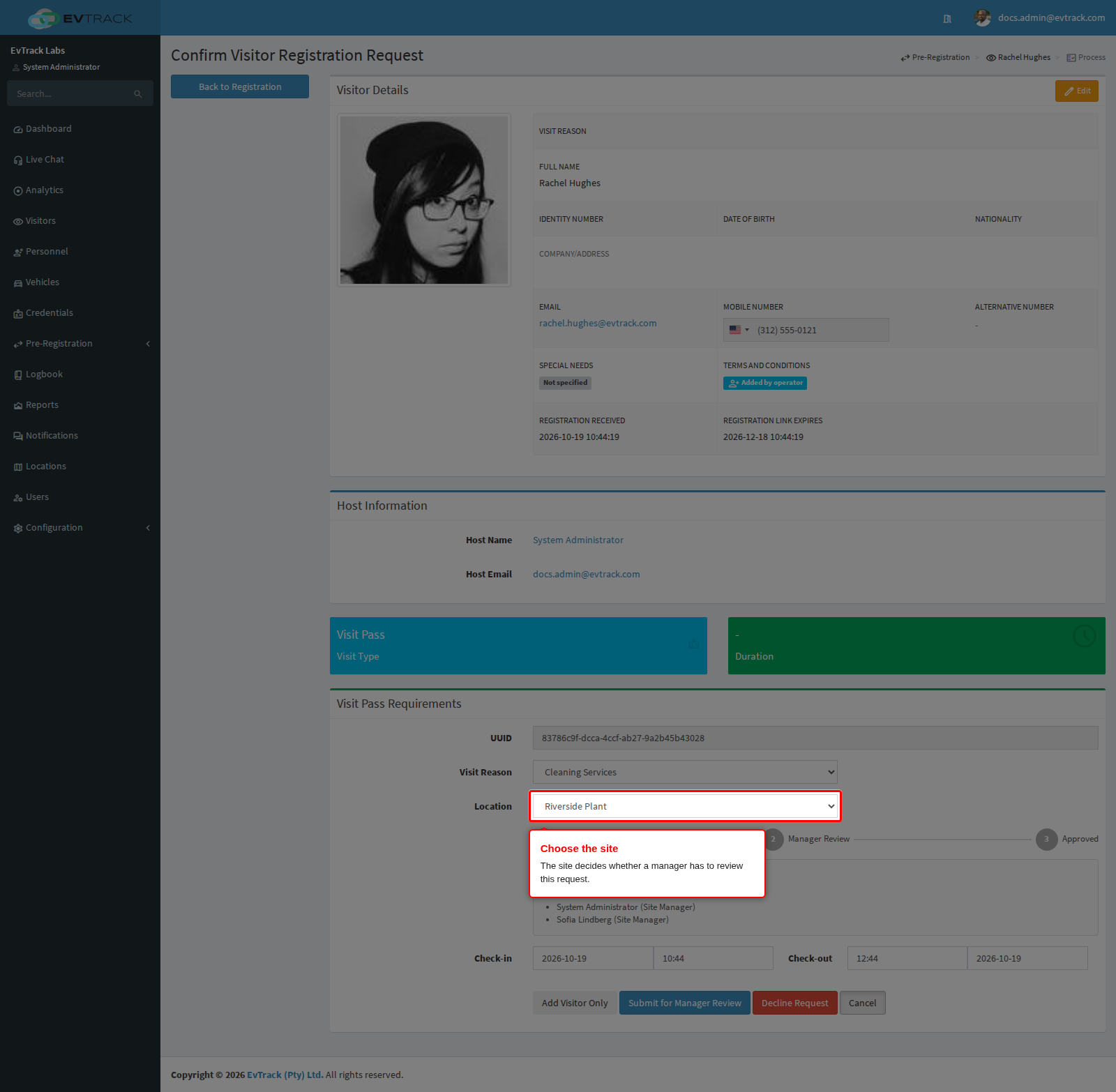 Choosing the site on the processing screen