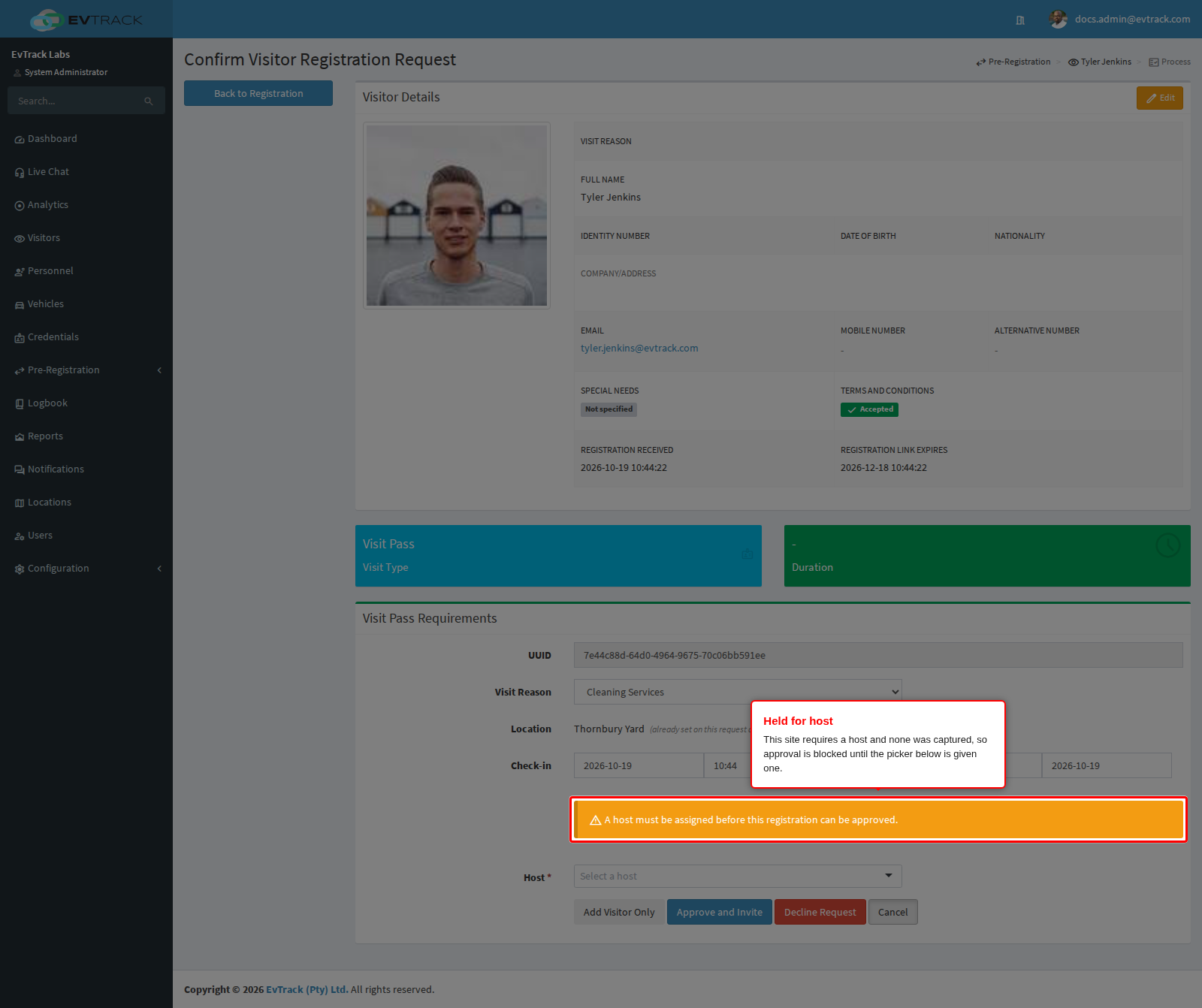 The held-for-host warning and the host picker