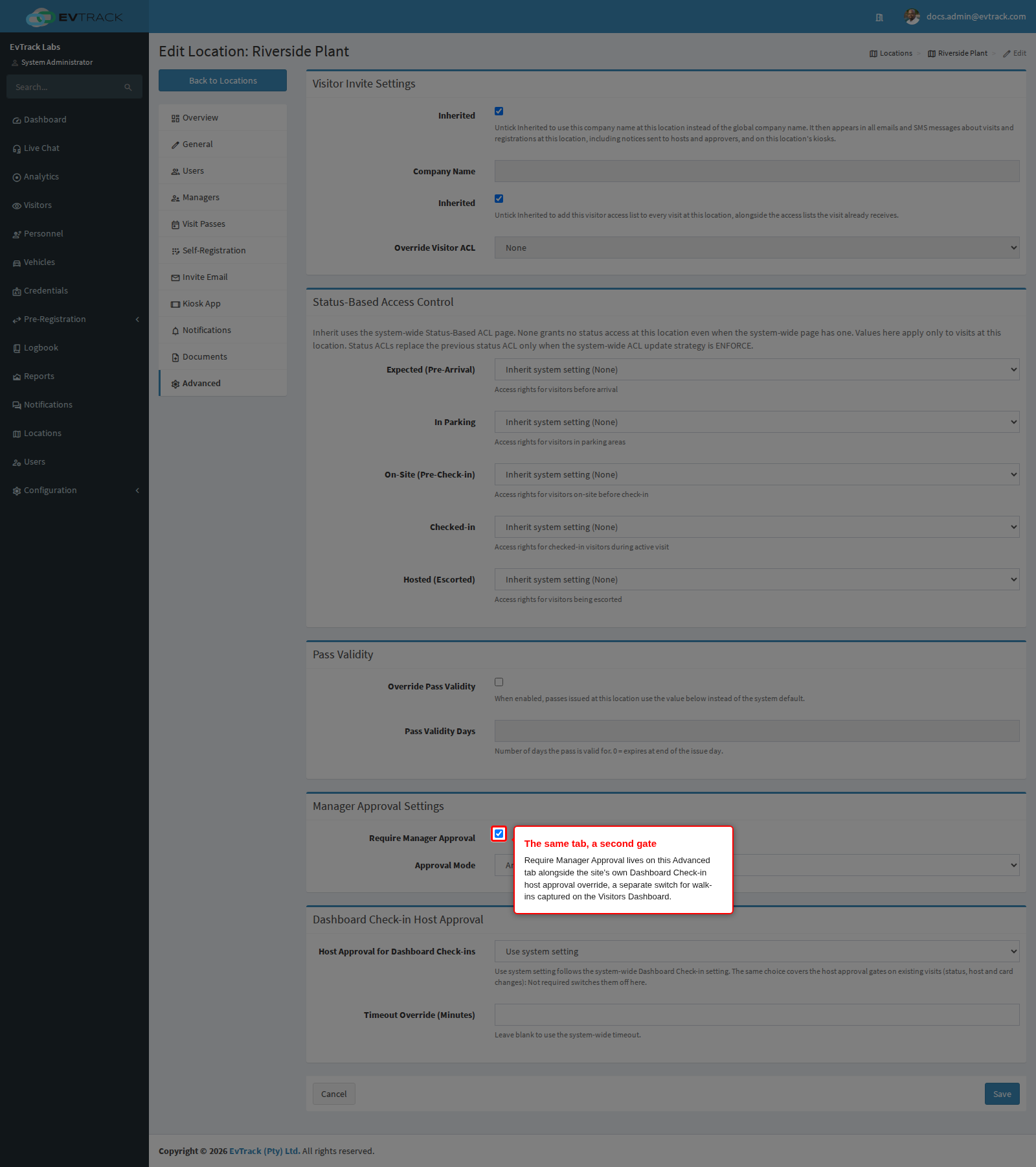 Require Manager Approval next to the site's Dashboard Check-in override