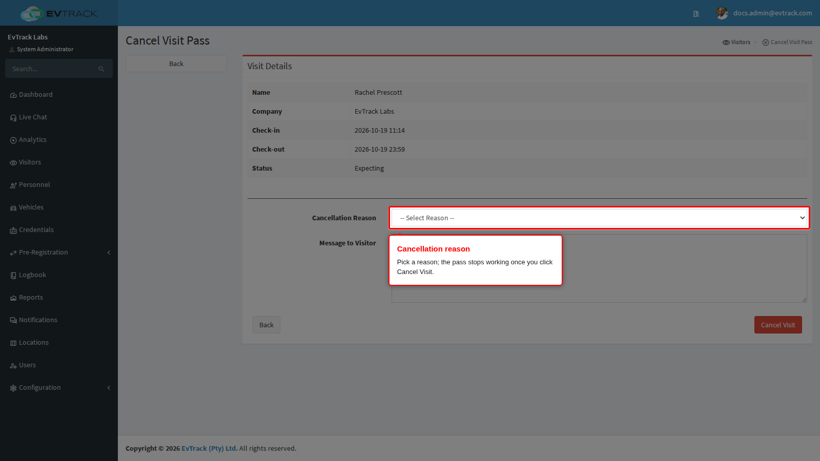 Cancel Visit Pass page