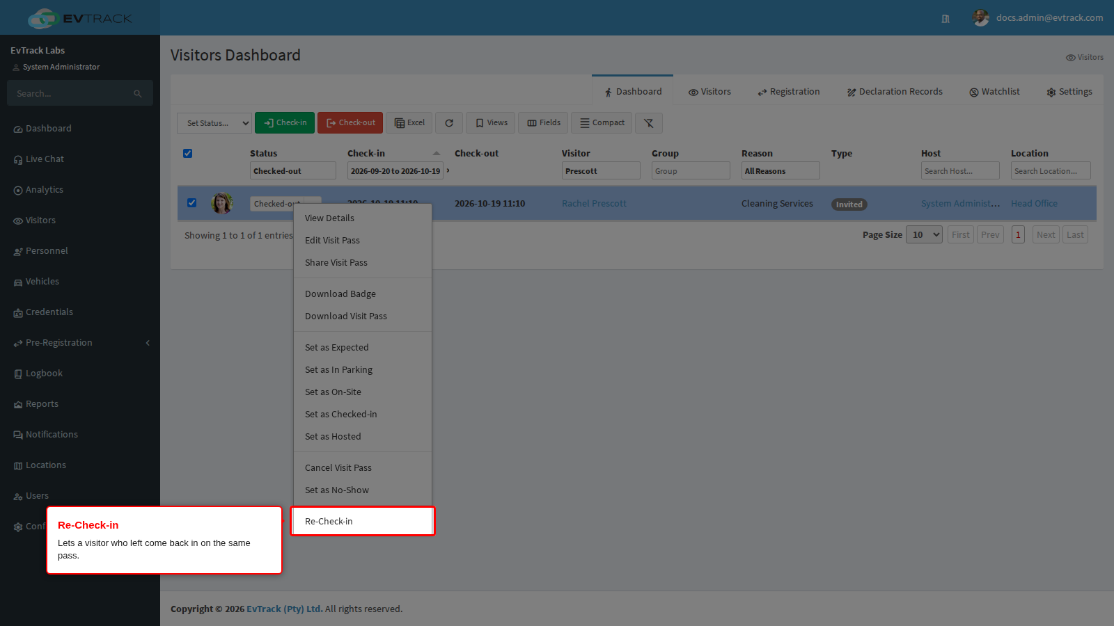 Re-Check-in in the actions menu
