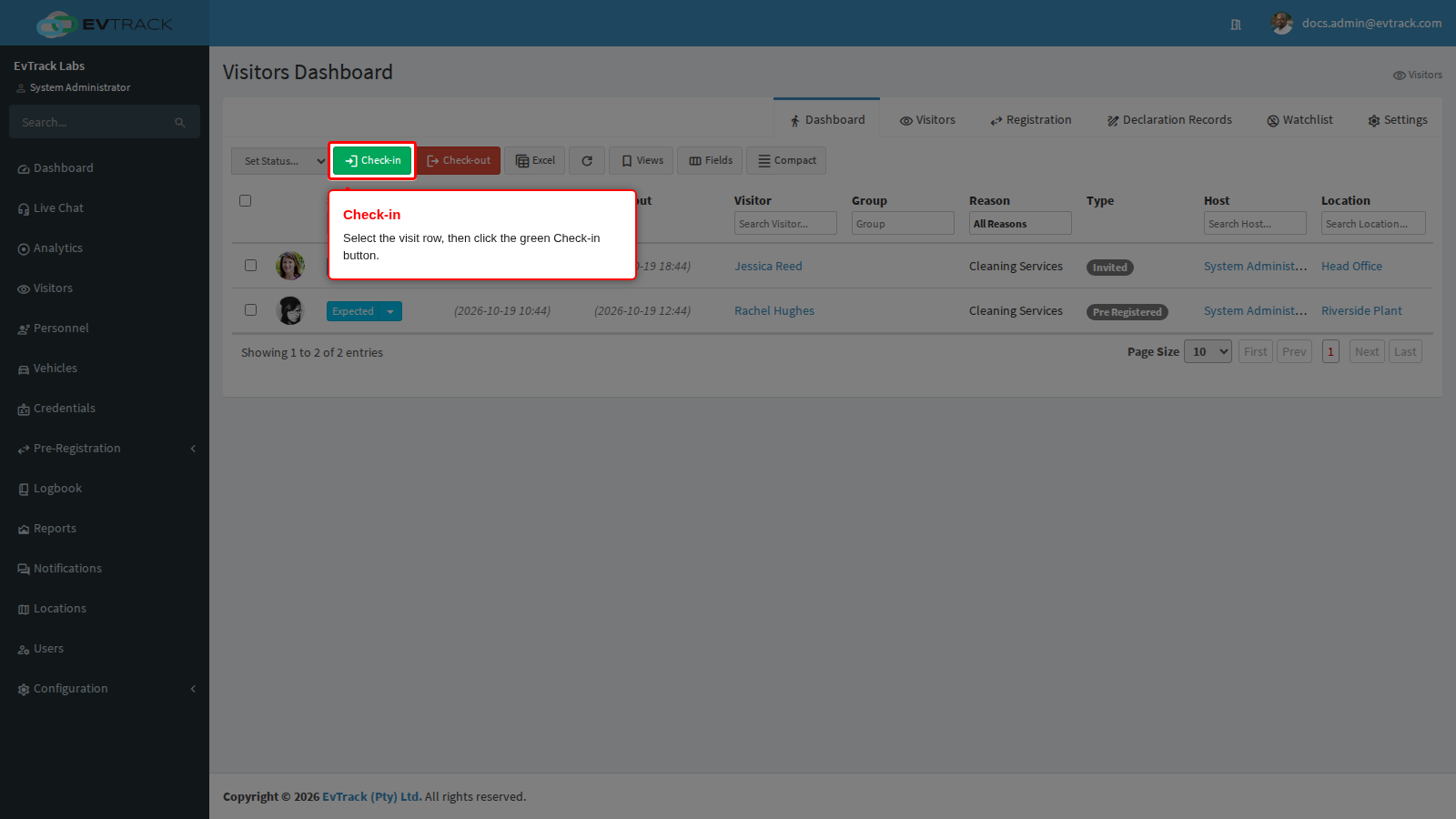 Check-in button in the dashboard toolbar