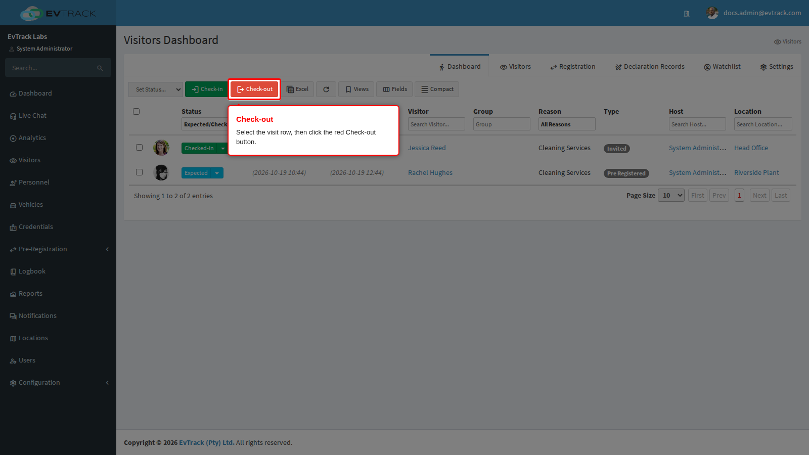 Check-out button in the dashboard toolbar